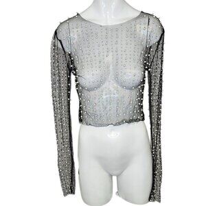 Honey Hot & Delicious Long Sleeve Pearl Rhinestone Sheer Crop Top, Black, Size S